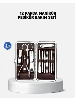 Özel Deri Çantalı 12 Parça Manikür Pedikür Bakım Seti Paslanmaz Çelik