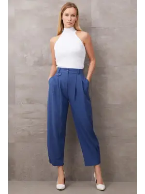 Paçası Düğmeli Yüksek Bel Pantolon