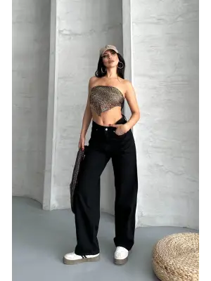 Palazzo straight enzim süper taş yıkama jeans pantolon siyah  