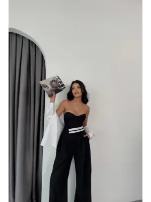 Omarı Trend Bel Şerit Detaylı Siyah Pantolon