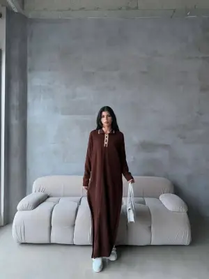 Yırtmaçlı Elbise İkili Triko Takım Kahve Kadın Giyim