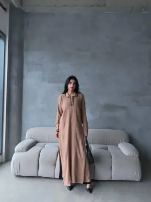 Yırtmaçlı Elbise İkili Triko Takım Vizon Kadın Giyim