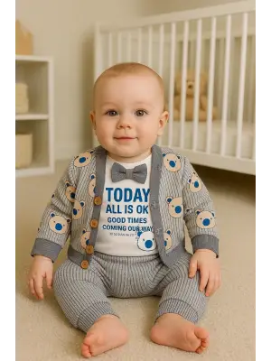 Papyonlu Bear Çizgili Model Ceketli 3lü Erkek Bebek Takımı