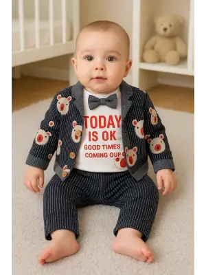 Papyonlu Bear Çizgili Model Ceketli 3lü Erkek Bebek Takımı