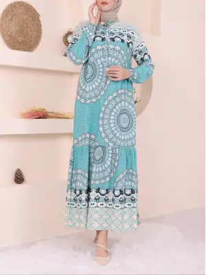 Parçalı Deseli Bağcıklı Kolu Lastikli Elbise  -Mint