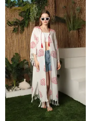 Omarı Trendy Çiçek Desenli Pareo - KIRMIZI