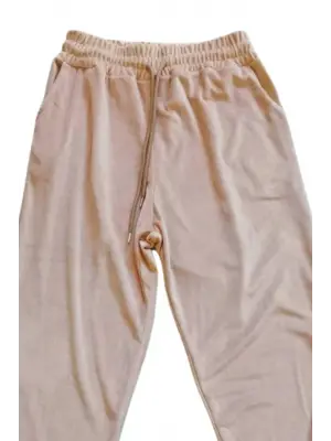 Parlak Kadife Cepli Pantolon Eşofman Pijama Altı Unisex Lastikli Paça Bej