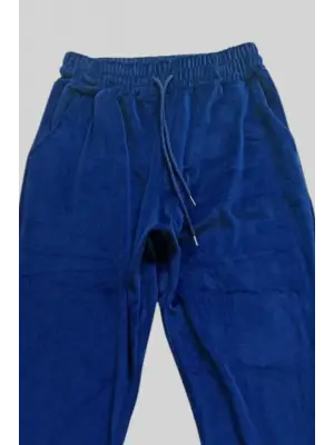 Parlak Kadife Cepli Pantolon Eşofman Pijama Altı Unisex Lastikli Paça Lacivert