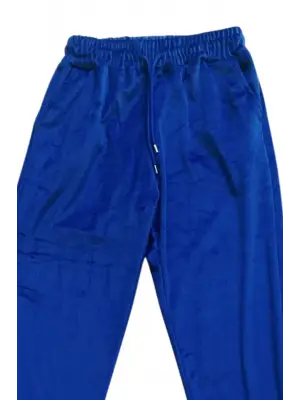 Parlak Kadife Cepli Pantolon Eşofman Pijama Altı Unisex Lastikli Paça Mavi