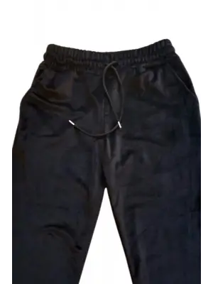 Parlak Kadife Cepli Pantolon Eşofman Pijama Altı Unisex Lastikli Paça Siyah