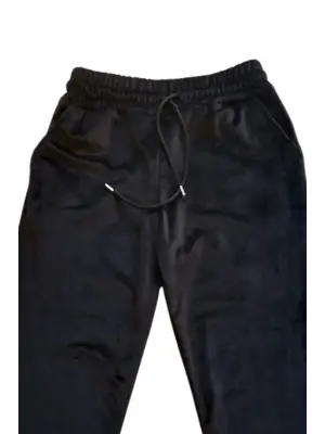 Parlak Kadife Cepli Pantolon Eşofman Pijama Altı Unisex Lastikli Paça Siyah