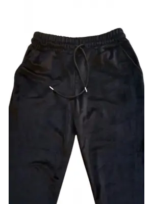 Parlak Kadife Cepli Pantolon Eşofman Pijama Altı Unisex Lastikli Paça Siyah