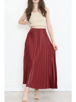 Omarı Parlak Krep Gizli Lastikli Bordo Etek