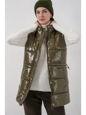 Haki Parlak Şişme Yelek Kadın Giyim