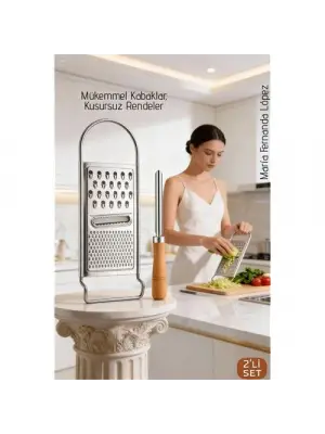 Paslanmaz Çelik El Rendesi ve Ahşap Saplı Kabak Oyacağı - 2li Profesyonel Mutfak Hazırlık Seti