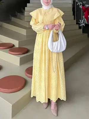 Pelerin Yaka Dantel Detaylı Elbise  -Sarı