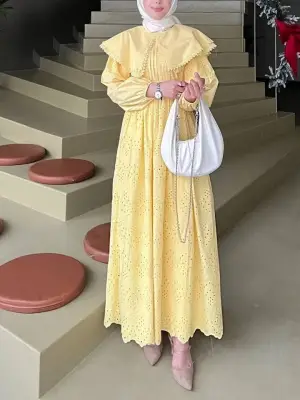 Omarı Zarif Dantel Detaylı Sarı Elbise