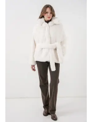 Ekru Peluş Kürk Mont Kadın Giyim