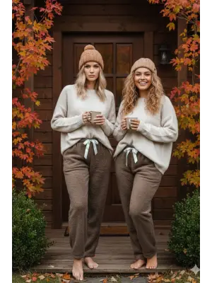 Kahve Peluşlu Pijama Alt Kadın Giyim