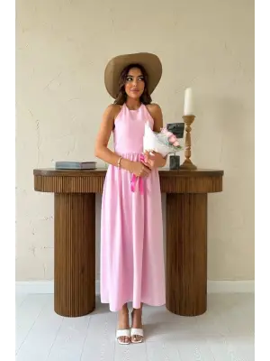 Pembe Keten Elbise Gipeli Arka Detayıyla