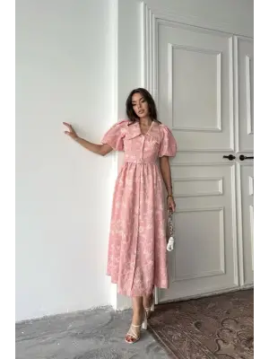 Omarı Pembe Balon Kollu Bebe Yaka Elbise