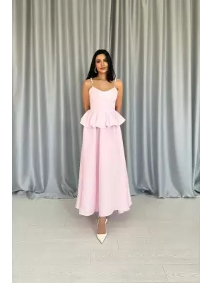 Pembe Beli Büzgülü İnci Askılı Uzun Elbise