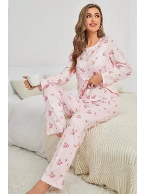 Pembe Çiçek Desenli Bisiklet Yaka Pijama Takımı 7131