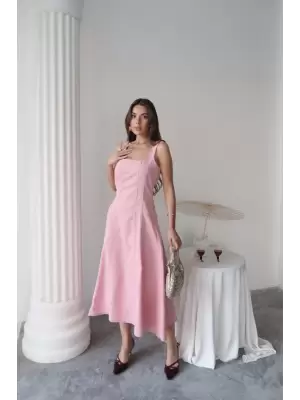Pembe Çift Dikişli Gabardin Elbise