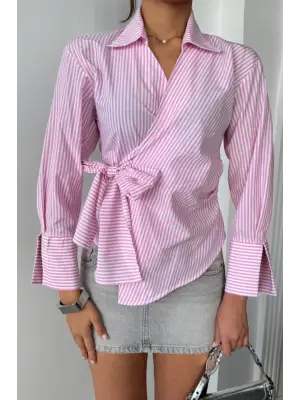 Omarı Pembe Çizgili Kruvaze Bağlamalı Gömlek