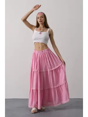 Omarı Romantik Dantel Detaylı Pembe Etek