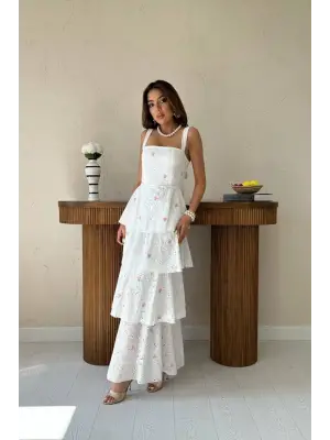 Omarı Pembe Kat Kat Arkası Bağlamalı Elbise