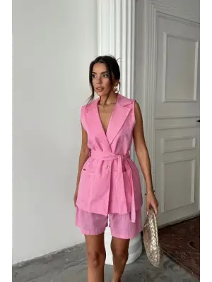 Omarı Pembe Keten Yelek ve Şort Takımı