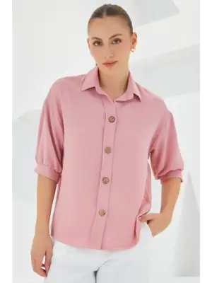 Pembe Kısa Kol Oversize Keten Gömlek 20240