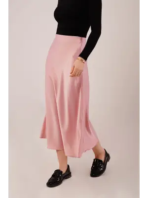 Omarı Elegan Saten Pembe Çan Etek