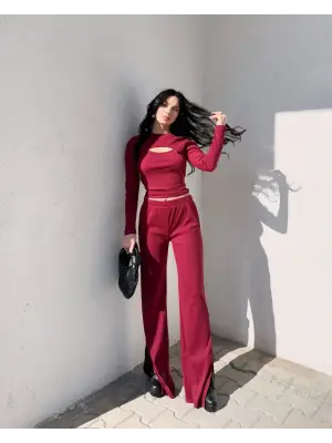 Pencereli detaylı alt üst takım bordo w3864