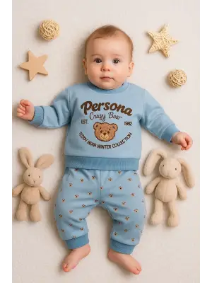 Persona Bear Nakışlı % 100 Pamuk 2li Erkek Bebek Takım