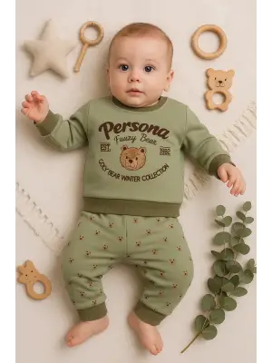 Persona Bear Nakışlı % 100 Pamuk 2li Erkek Bebek Takım
