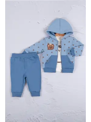 Persona Bear Nakışlı % 100 Pamuk 3li Erkek Bebek Takım