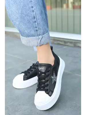 Piata Siyah Cilt Beyaz Tabanlı Bağcıklı Spor Ayakkabı