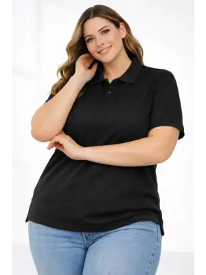 Pike Kumaş Düğmeli Yaka Battal Büyük Beden Günlük Kısa Kol Tişört T-shirt - Siyah