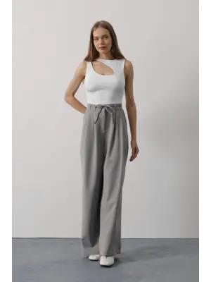 Pileli Bağcıklı Oversize Pantolon - Gri