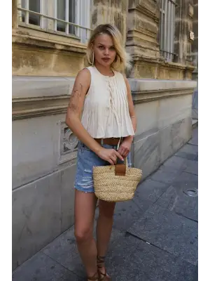 Pileli Bağlamlı Bluz - Natür