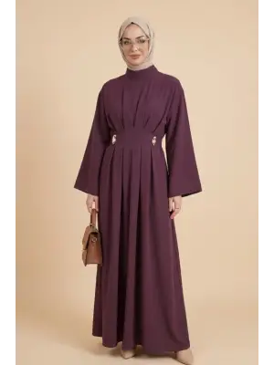 Pileli Beli Kemerli Toka Detaylı Modal Elbise  -Bordo