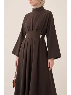 Pileli Beli Kemerli Toka Detaylı Modal Elbise  -Kamuflaj