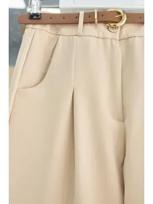 Pileli Cepli Kemerli Bilek Pantolon -Bej
