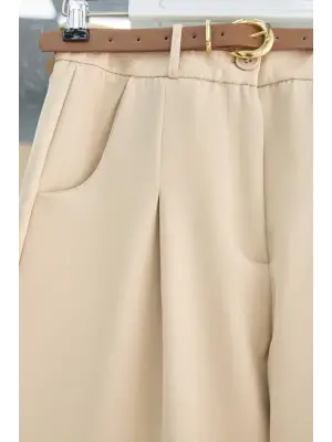 Omarı Pileli Cepli Bilek Pantolon - Bej
