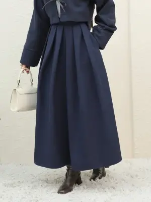 Pileli Fermuarlı Kaşe Etek -Laci