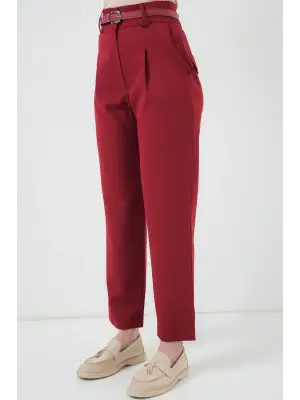 Pileli Kemerli Kumaş Pantolon 6725 - Kırmızı