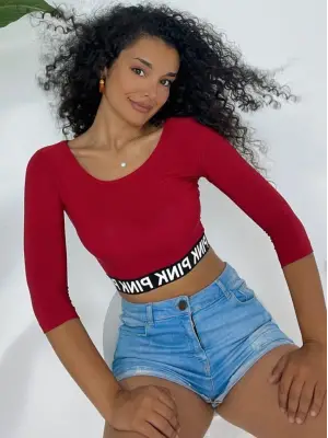 Pink Yazılı Fakir Kol Lastikli Crop -Kırmızı