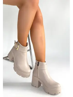 Bej Cilt Topuklu Bot Kadın Giyim